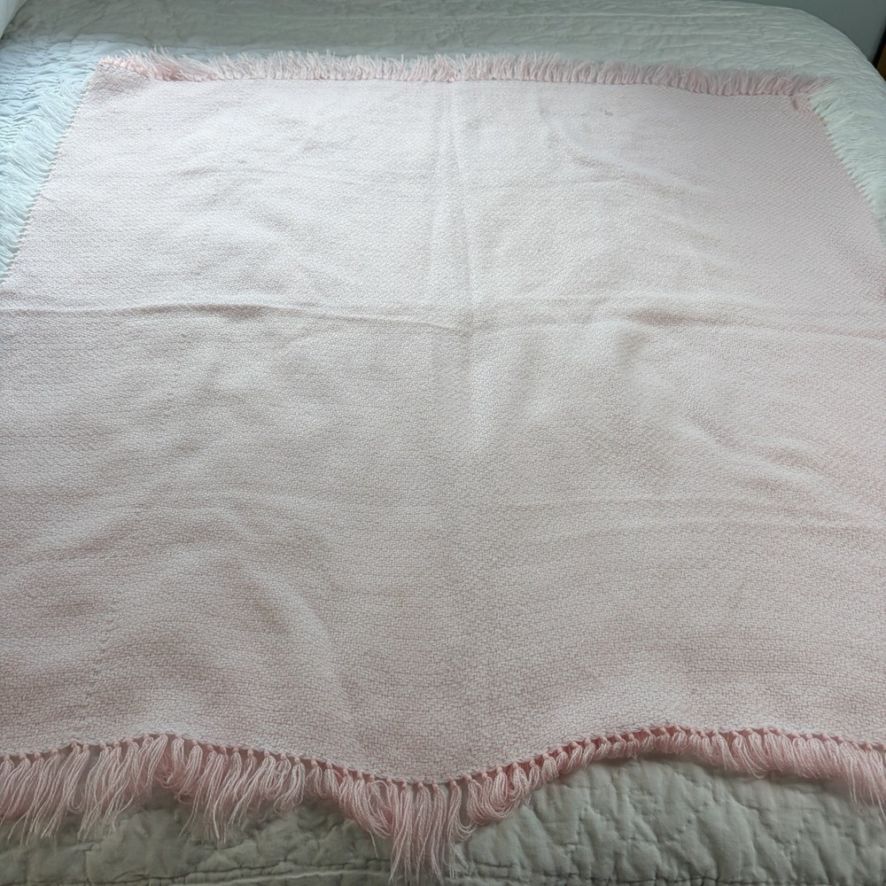 Vintage Feltman Bros Baby Blanket Pink Hand Loomed Soft Fringe Pink White READ - Picture 14 of 16